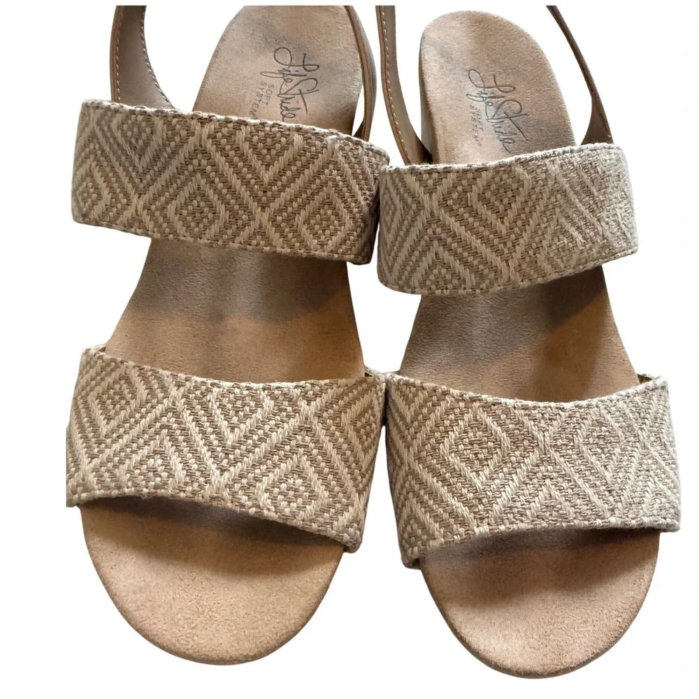 LifeStride Beige Herringbone Cork Wedge Sandals 9M - Pre-Loved Ready‎ for Summer